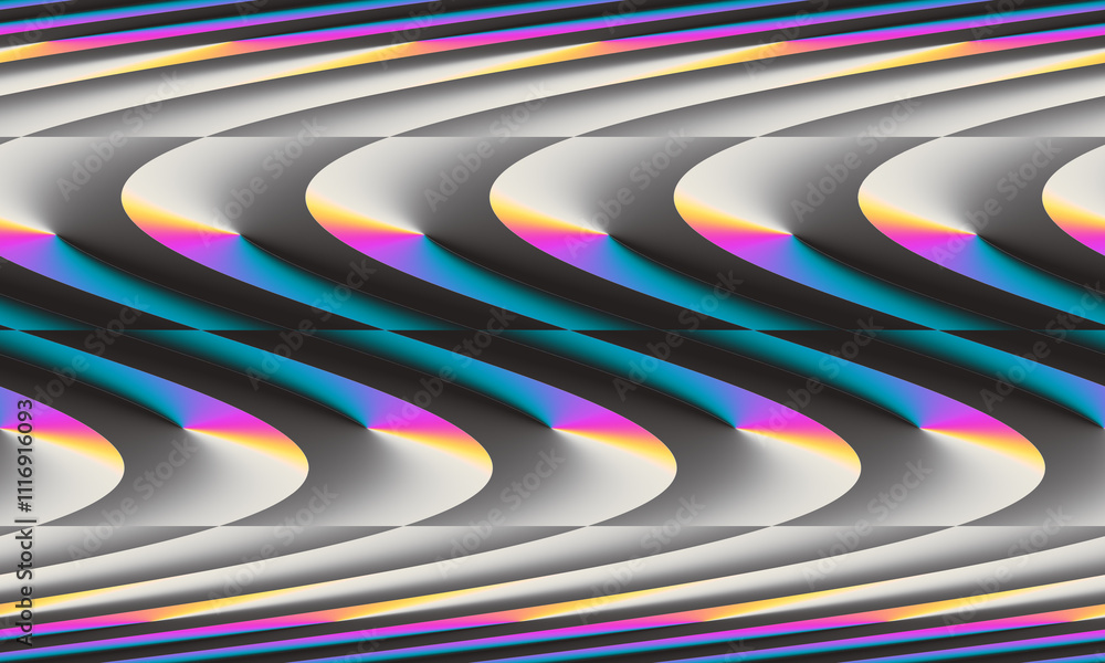 Poster a mesmerizing pattern of iridescent waves, blending vibrant colors with a metallic sheen, creates a 