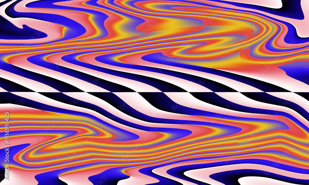 Poster a vibrant abstract background with a mix of wavy and striped patterns in bright colors.