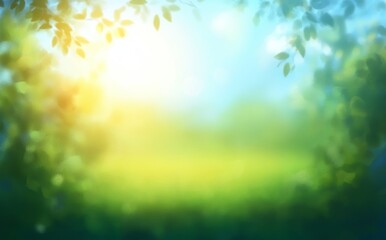 Obraz premium Blurred Abstract Background of Lush Green Foliage Bright Sunny Sky and Ethereal Nature Landscape
