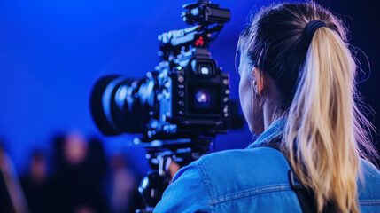 Capturing moment, filmmaker directs with camera in vibrant setting. focus is on creative process, showcasing art of filmmaking