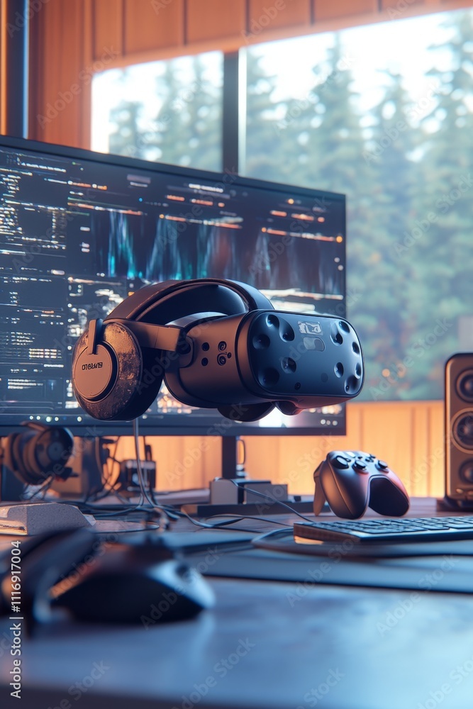Aufkleber virtual reality headset and controllers in a digital art studio setup