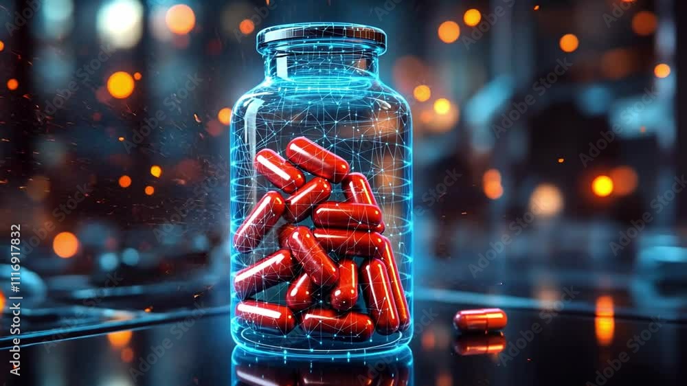 Poster innovative digital display of capsules in a transparent jar with glowing elements