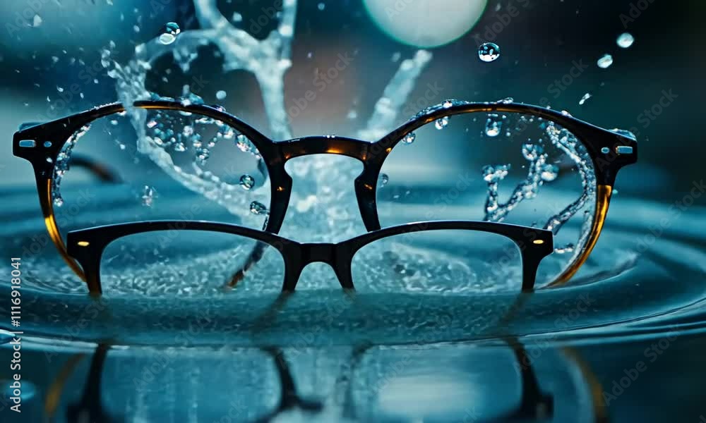 Poster a pair of glasses surrounded by splashing water, creating a dynamic and artistic effect.