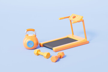 3d rendering cartoon treadmill and dumbbell