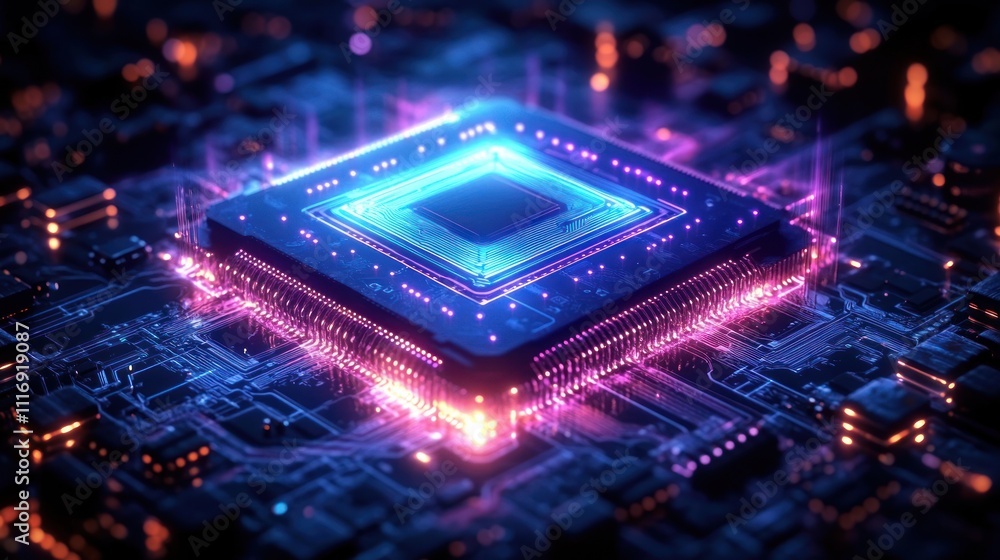 Poster futuristic microchip with electric circuits in cyberpunk style