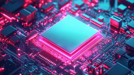 Obraz premium Brightly glowing AI chip on light circuit board on technology blue background. CPU processor or semiconductor on tech bg. Computer microchip on motherboard. Abstract digital vector illustration.