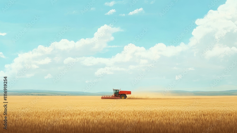 Poster worker using a modern seeder in a vast wheat field