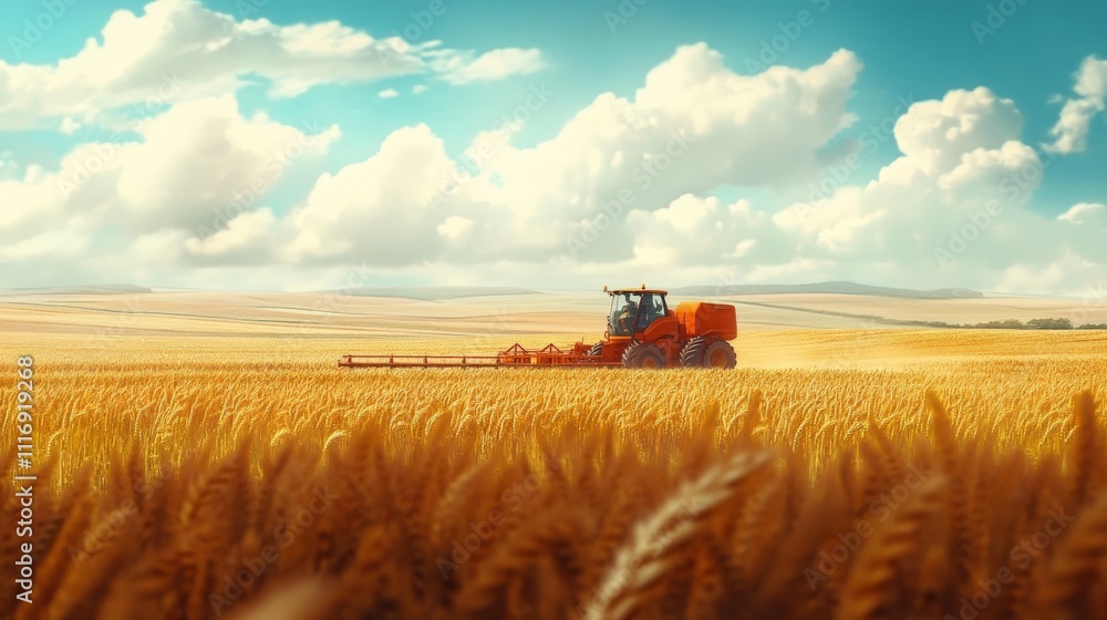 Poster worker using a modern seeder in a vast wheat field