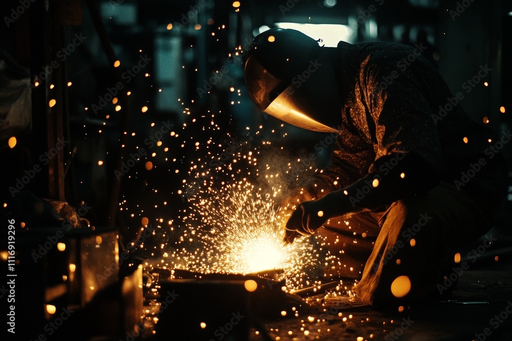Aufkleber worker using a welding torch in a metal workshop, creating sparks