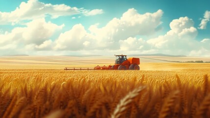 Fototapeta premium Worker using a modern seeder in a vast wheat field