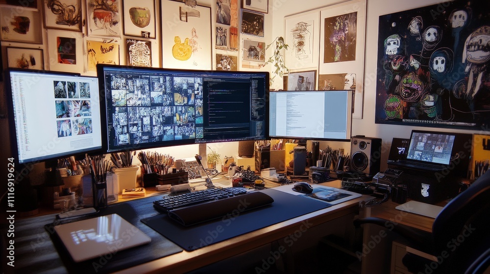 Poster workspace with digital art tools and monitors showing design software with complex graphics