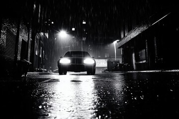 A moody black-and-white city street scene reminiscent of film noir.