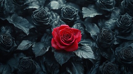 In a lush arrangement, a vibrant red rose stands out amongst a cluster of black roses, creating a stunning visual narrative of love, loss, and uniqueness