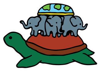 illuminati symbols, flat earth with continents and oceans on three elephants and a big green turtle