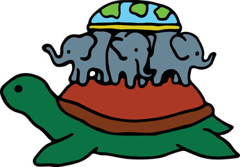 illuminati symbols, flat earth with continents and oceans on three elephants and a big green turtle