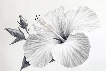 Fototapeta premium A single white hibiscus flower with a bud and leaves in a grayscale illustration.