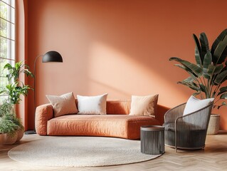 Peach Interior Design for Living Room with Apricot Sofa and Salmon Accent Wall Modern Minimalist Style