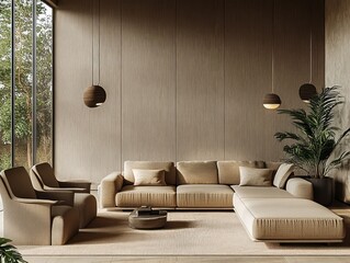 Minimalist Living Room with Soft Natural Lighting and Elegant Furniture in Warm Beige Tones
