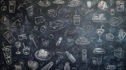 Chalkboard background with various food and drink doodles.
