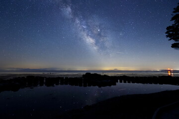 能登半島にある海辺の水面に映る星と天の川