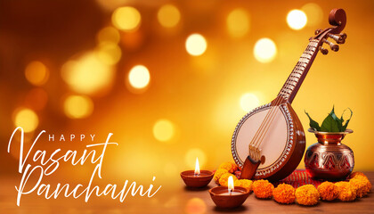 Indian Festival Vasant Panchami Poster Design with Veena and Marigold Decoration