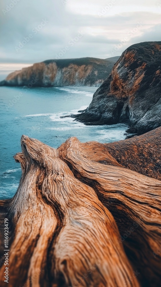 Poster swirling, organic patterns of driftwood capture the essence of nature at the rugged coastline, where