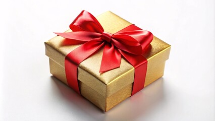 Obraz premium Gold gift box with red satin ribbon on white background