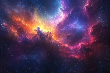 Obraz premium A vibrant nebula in space, with swirling clouds of gas and dust in shades of pink, blue, orange, and yellow, against a backdrop of twinkling stars.