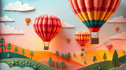 Obraz premium Pastel Papercut Hot Air Balloons Over Hills - Whimsical Art