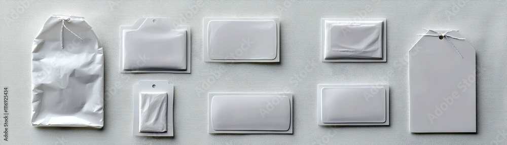 Poster Variety of Blank and Clean Labels Displayed on a Light Background for Customization and Personalization Uses