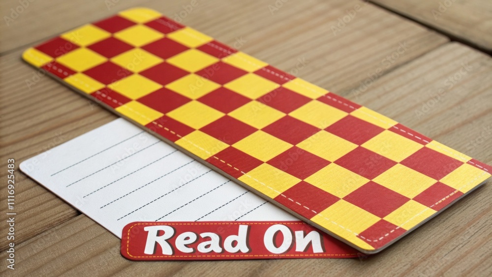 Poster checkered bookmark and lined notepad on a wooden table with the word read inspire literacy and learn