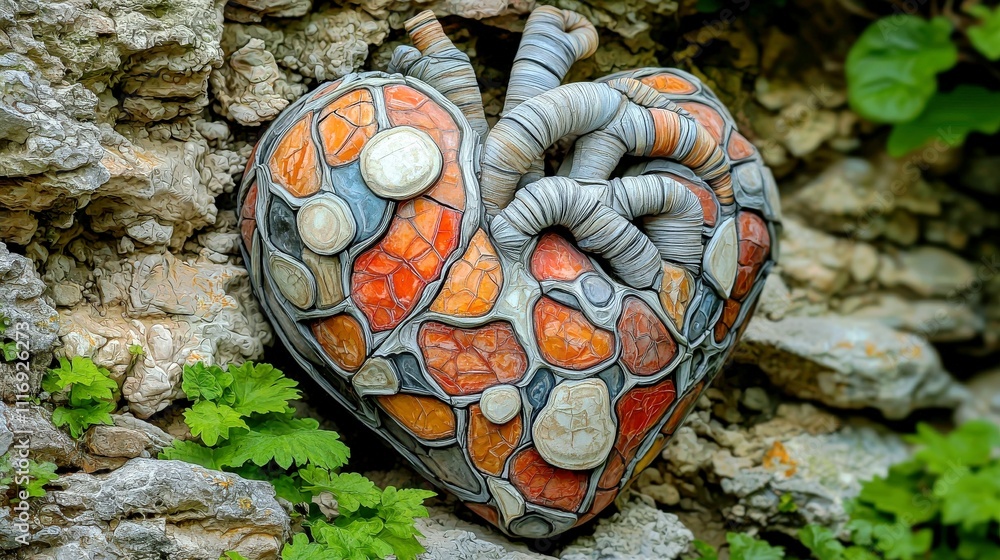 Poster intricate heart sculpture with natural elements displaying unique stone patterns and textures on roc