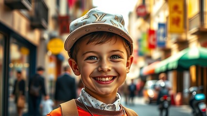 Smiling Boy in Cap - Vibrant Street Portrait - AI Photo