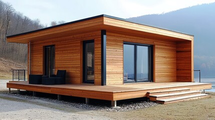 Modern wooden house with large windows and patio overlooking natural landscape near water and mountains