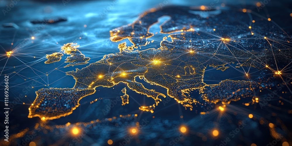 Poster digital map of europe at night with city connectivity and data networks in cyberpunk style