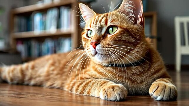A tiger cat with curious eyes looks directly at the camera.