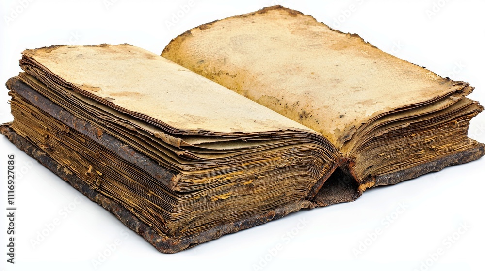 Poster old vintage book with worn pages and rustic binding on white background