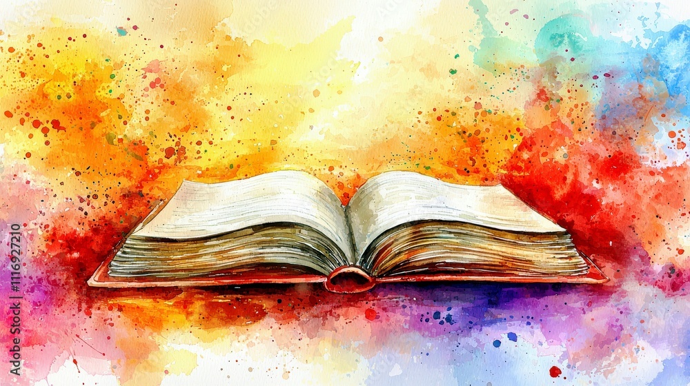 Poster open book with colorful splash background illustrating knowledge and creativity in a vibrant artisti