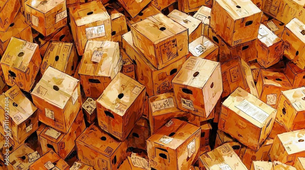 Poster a vast array of brown cardboard boxes stacked chaotically on a warehouse floor