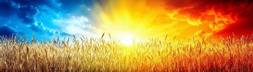 Fototapeta premium Vibrant Sunrise Over Golden Wheat Field With Dramatic Blue and Orange Sky