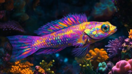 Fototapeta premium Brightly colored fish navigate through a lush coral reef, showcasing stunning hues as they weave among vibrant corals under warm sunlight, creating a lively aquatic spectacle