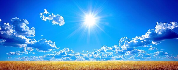 Fototapeta premium Bright Sunny Sky Over Endless Golden Wheat Field on a Clear Day with Fluffy White Clouds