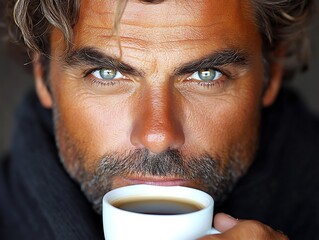 A man enjoying remote work on his laptop while sipping coffee in the kitchen
