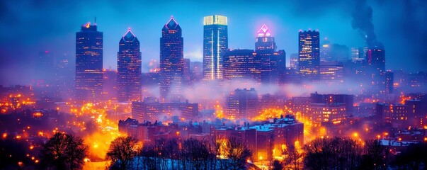 Obraz premium Majestic Philadelphia Skyline at Night with Glowing City Lights and Mysterious Fog Under a Starry Sky