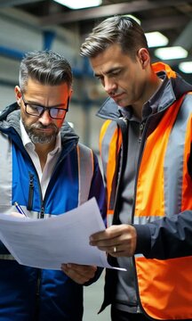 A worker and management are examining a plan sheet while discussing product details on the production floor.
