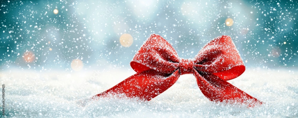 Poster elegant red bow adorned with snow in winter wonderland background with gentle falling snowflakes and
