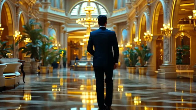 A cool businessman walks down a corridor in a luxury hotel.