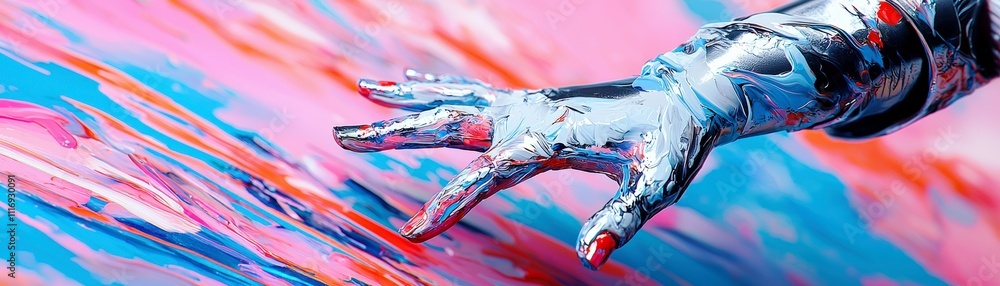 Poster futuristic metallic hand reaching out over vibrant abstract colorful background with swirling patter