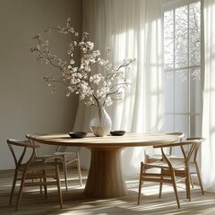 Cozy Dining Area Minimalist Design Soft Light Wooden Table Cherry Blossoms Centerpiece