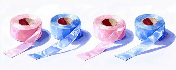 Colorful Rolls of Satin Ribbon in Soft Pink and Blue for Crafting and Decoration Projects
